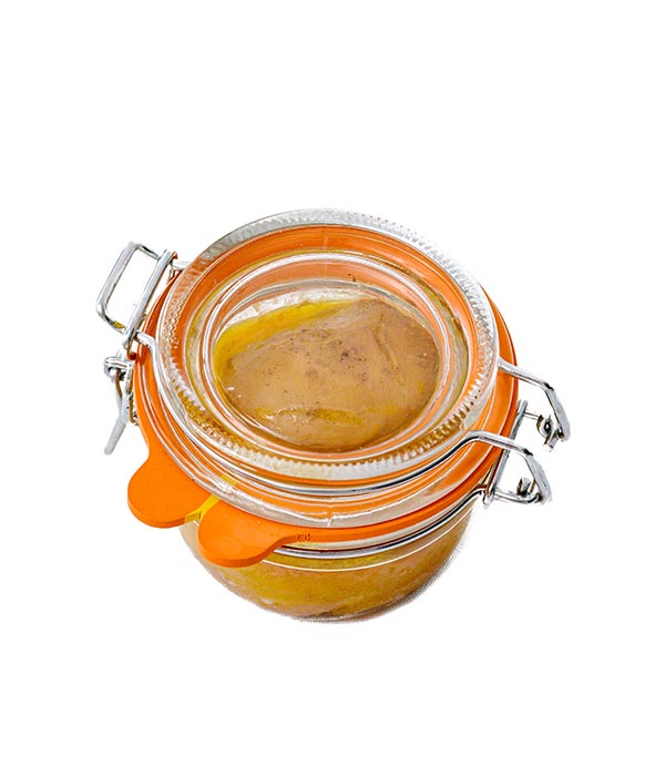 Whole fattened duck liver seasoned with spices, sterilized in a glass jar